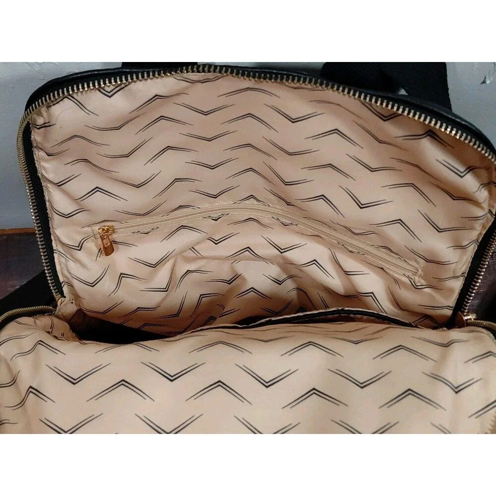 Woman's Black Faux Leather Gold Zippers Double Strap Bookbag Small 11.5
